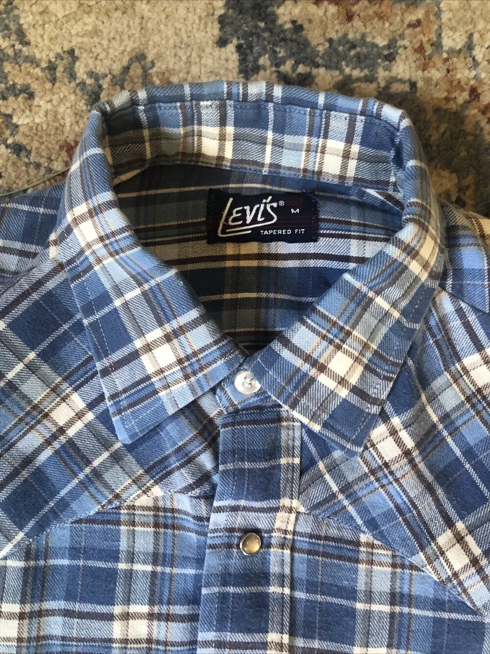 Vintage Levi's Shirt Mens Medium Western Pearl Snap Plaid Cowboy USA Sawtooth